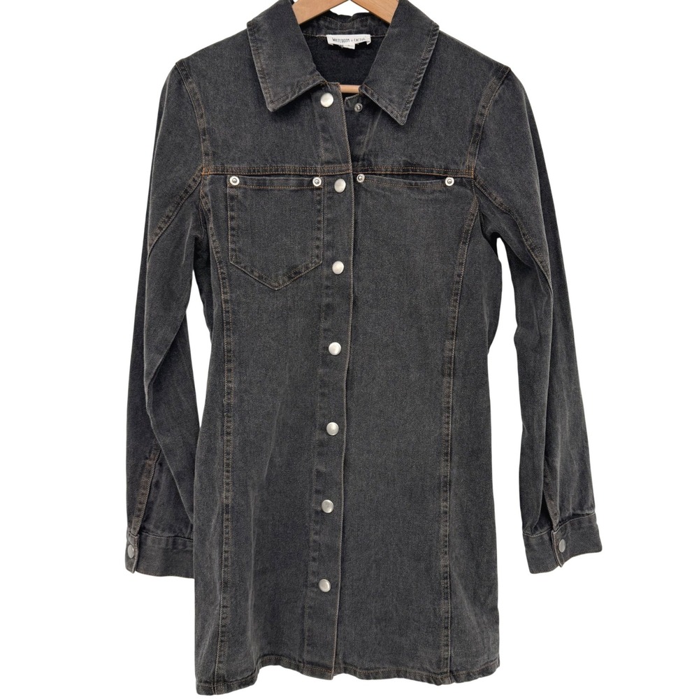 Black Denim Shirt Dress Utility‎ Grunge Small Cinched Waist Snap Front Mini